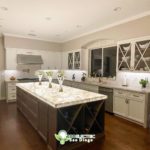 Underlit countertop and recessed lighting under cabinets glows white