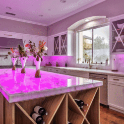 Recessed lighting under cabinets and underlit tabletop glows pink